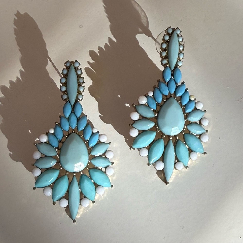 Blue crystal drop earrings metal and stones pierced ears